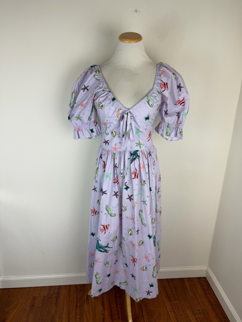 Hill House The Ophelia Nap Midi Dress Lavender Purple Fish Ocean Print Size S - Picture 5 of 9
